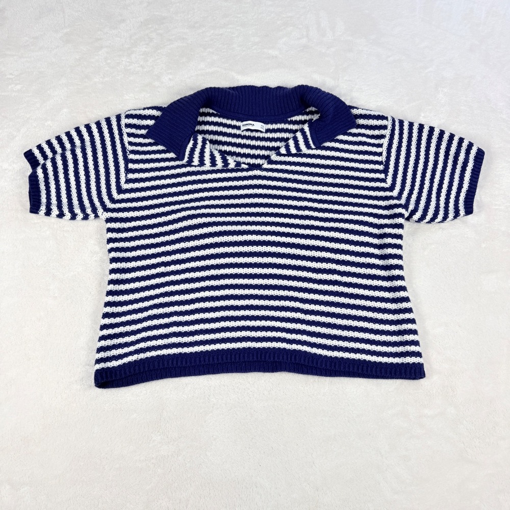 Sonoma Striped Polo Sweater Womens Petite XL Blue White Short Sleeve Knit Collar